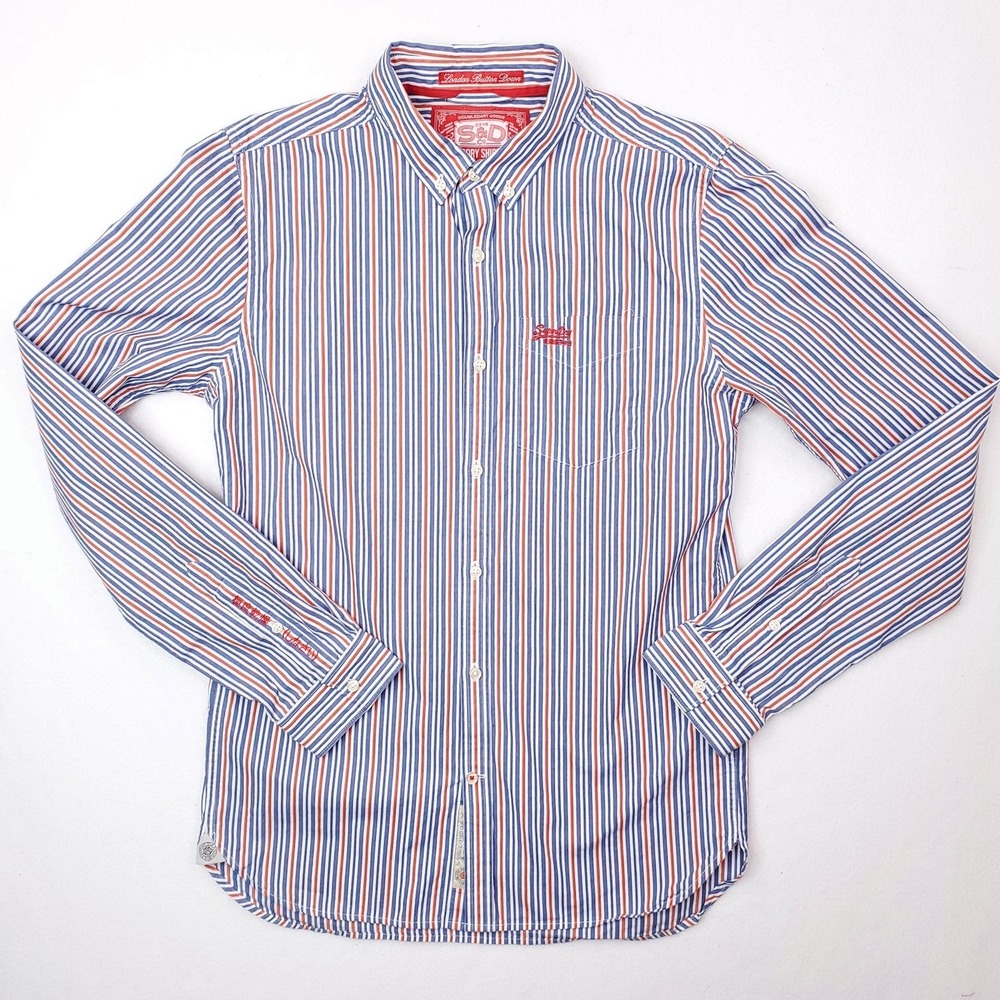Superdry Shirt Mens Medium Blue Red‎ White Striped London Button Down Slim Fit